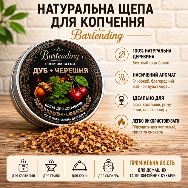 Набор щепы для копчения коктейлей Bartending Collection 8 вкусов (дуб, яблоня, черешня, ольха, бук, дуб + черешня, слива, орех) для виски, бурбона и кофе 120 мл × 8 - изображение 8