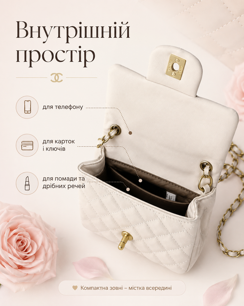Сумка Chanel біла міні — жіноча через плече з ланцюжком, золотистою фурнітурою та стьобаним дизайном - зображення 3