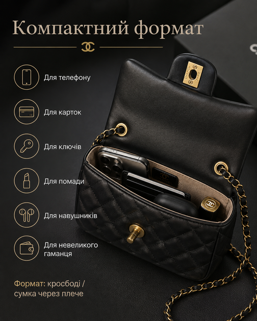 Сумка Chanel черная мини - женская через плечо с цепочкой, золотистой фурнитурой и стеганым дизайном - изображение 3