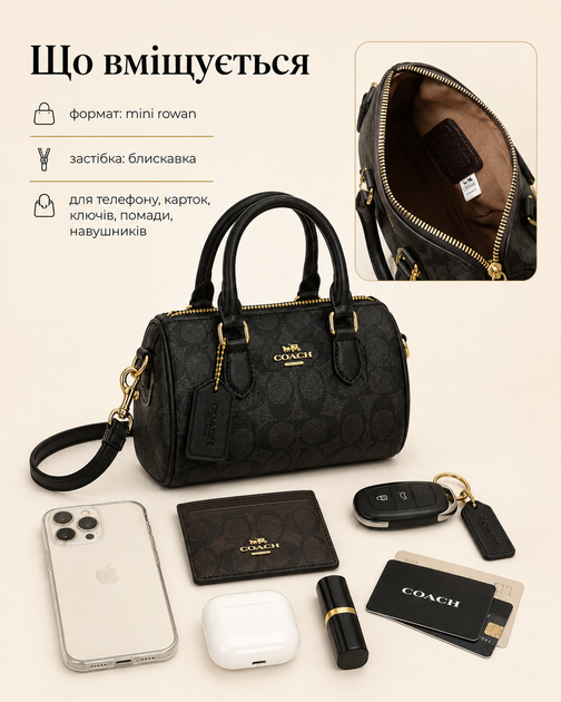 Сумка Coach Mini Rowan чорна — жіноча міні з монограмою, короткими ручками та плечовим ремінцем - зображення 4