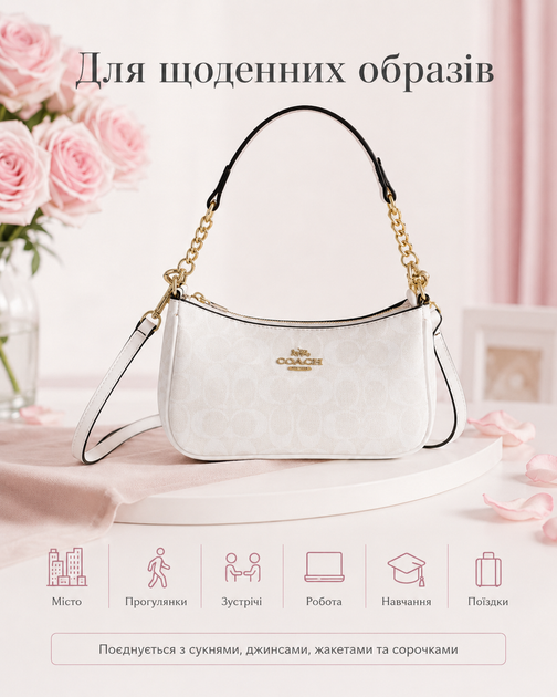 Жіноча сумка Coach Teri біла — на плече з монограмою, золотистою фурнітурою та ремінцем - зображення 4