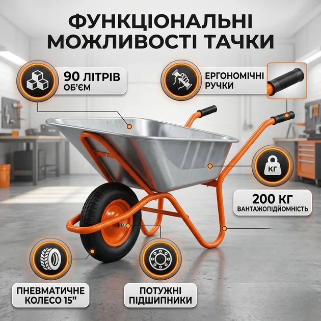 Тачка строительная одноколесная 90л 200кг колесо 15 дюймов для перевозки строительных материалов и садовых удобрений универсальная серебристая FLORA SK_5056464А12 - изображение 4