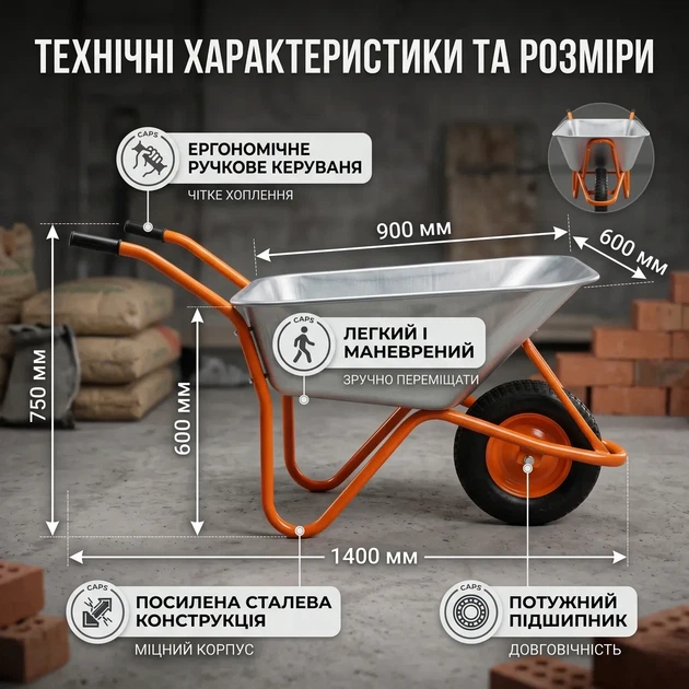 Тачка строительная одноколесная 90л 200кг колесо 15 дюймов для перевозки строительных материалов и садовых удобрений универсальная серебристая FLORA SK_5056464А12 - изображение 5