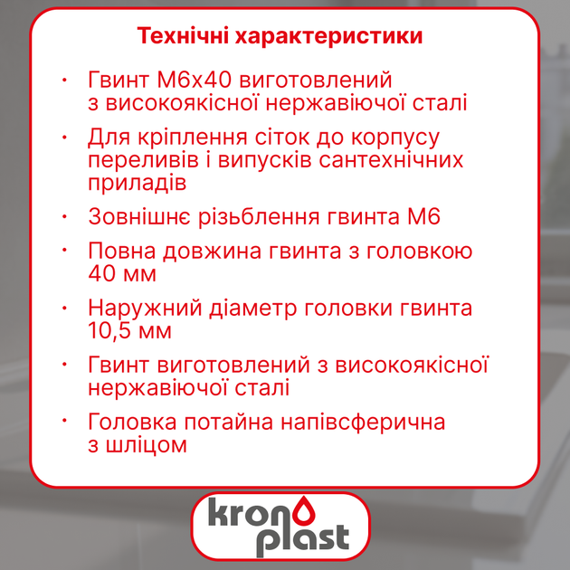 Нержавеющий гвинт Kronoplast М6×40 мм YD060004 - изображение 2