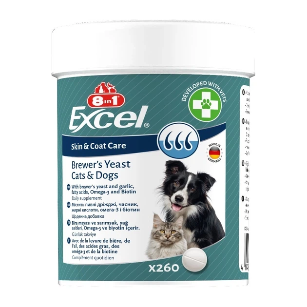 Вітаміни 8in1 Excel Brewers Yeast для собак та котів пивні дріжджі з часником для шкіри та шерсті 260 шт - Фото 1 Вітаміни 8in1 Excel Brewers Yeast для собак та котів пивні дріжджі з часником для шкіри та шерсті 260 шт - зображення 1