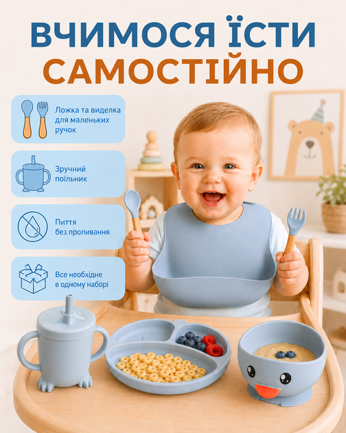 Детский набор посуды силиконовый ЭКО 6 предметов детская посуда на присосках тарелка детская чашка вилка и ложка BRS Голубая - изображение 3