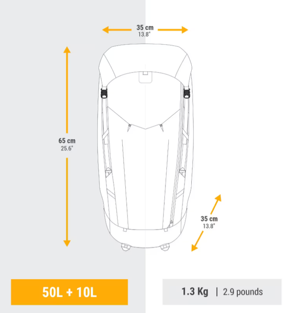 Туристичний Рюкзак для Трекінгу FORCLAZ MT900 (50л + 10л) 65 x 35 x 35см з Дощовиком Синій - зображення 2