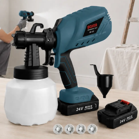 Аккумуляторный краскопульт BOXER BX-213 24V 2Ah с двумя аккумуляторами баком 1200 мл четырьмя соплами и тремя режимами распыления - Фото 4 Аккумуляторный краскопульт BOXER BX-213 24V 2Ah с двумя аккумуляторами баком 1200 мл четырьмя соплами и тремя режимами распыления - изображение 4