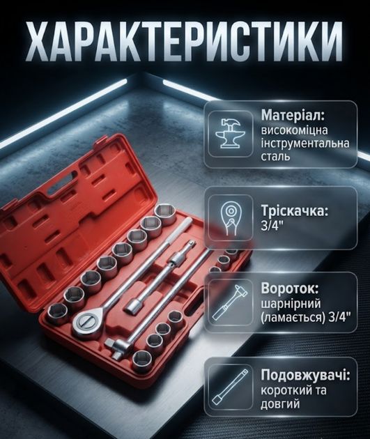 Набор торцевых головок BOXER BX283 21 предмет 3/4 дюйма 19–50 мм 6 граней в кейсе для грузовых автомобилей и спецтехники - изображение 3