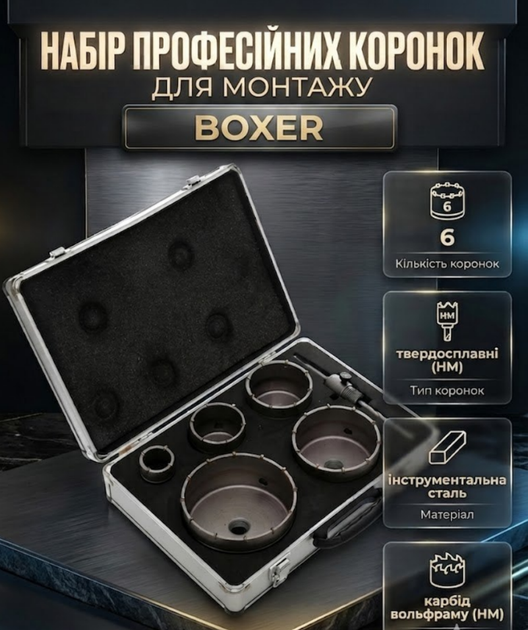 Набор коронок по бетону BOXER BX492 SDS Plus в кейсе для сверления бетона кирпича камня и монтажа подрозетников - Фото 1 Набор коронок по бетону BOXER BX492 SDS Plus в кейсе для сверления бетона кирпича камня и монтажа подрозетников - изображение 1