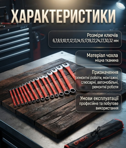 Набор комбинированных гаечных ключей ONEX OX3226 17 шт 6–32 мм с резиновыми ручками в тканевом чехле Cr V для авто и мастерской - изображение 3