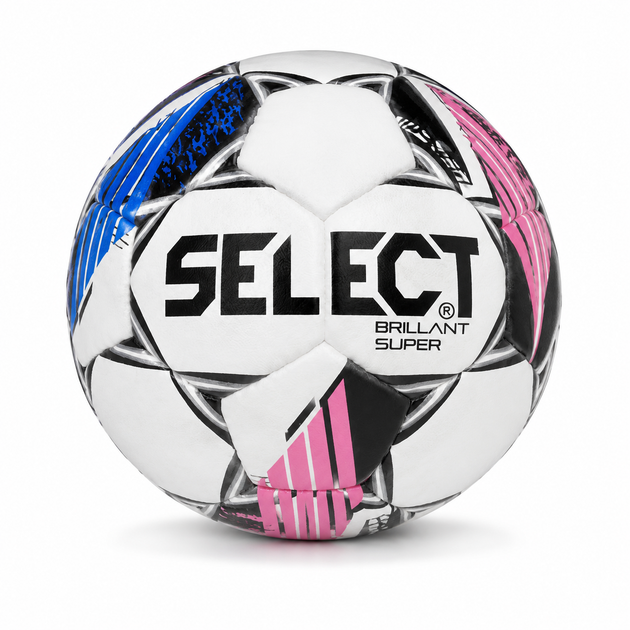 М’яч футбольний Select Brilliant Super S1, розмір 5, білий із синьо-рожевими вставками - Фото 2 М’яч футбольний Select Brilliant Super S1, розмір 5, білий із синьо-рожевими вставками - зображення 2