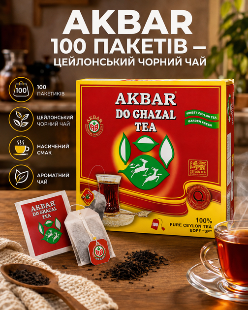 Чай чорний 100 пакетів цейлонський Akbar Do Ghazal акбар міцний байховий преміум якості для щоденного чаювання дому офісу - Фото 1 Чай чорний 100 пакетів цейлонський Akbar Do Ghazal акбар міцний байховий преміум якості для щоденного чаювання дому офісу - зображення 1