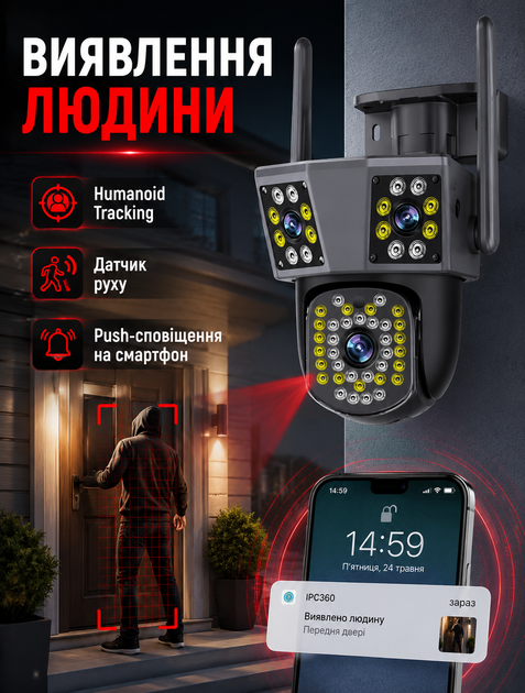 Уличная Wi-Fi IP камера 3 объектива IPC360 с цветным ночным видением и двусторонним звуком IP66, Humanoid Tracking, запись на карту памяти и в облако - изображение 6