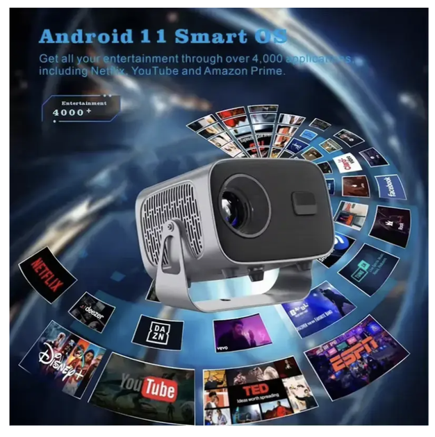 Портативний мультимедійний проєктор A10 на Android 11 з підтримкою 4K, Wi-Fi 2.4/5 ГГц, Bluetooth 5.2, електричним фокусуванням, автоматичною корекцією трапеції, динаміком 5 Вт та HDMI/USB, чорний - зображення 8