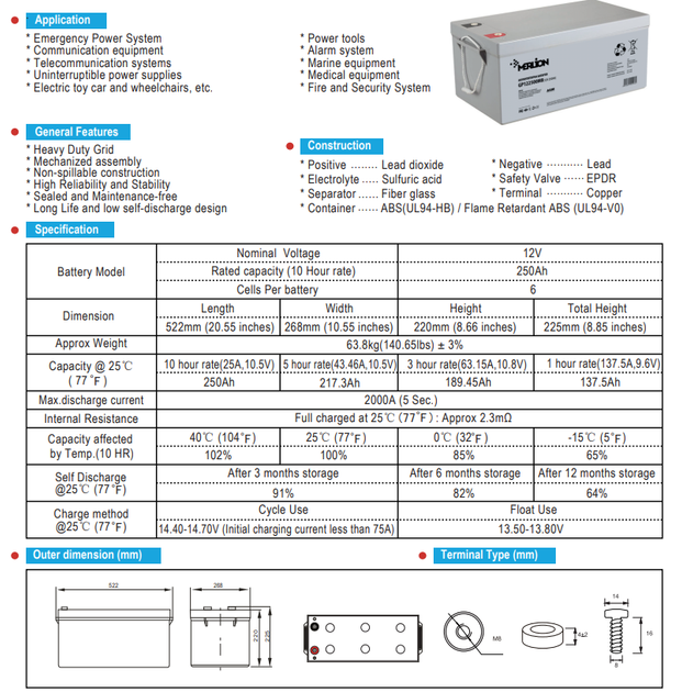 Аккумуляторная батарея MERLION AGM 12 V 250 Ah (GP122500M8) - Фото 2 Аккумуляторная батарея MERLION AGM 12 V 250 Ah (GP122500M8) - изображение 2