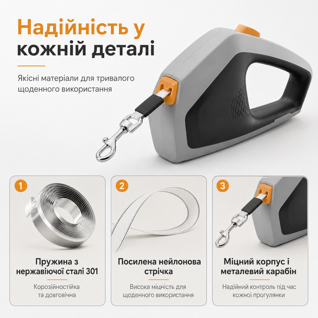 Поводок-рулетка для собак KimPets 5м, с рефлекторной лентой, с эргономичной ручкой, до 50кг, Серый (284-GREY) - изображение 3