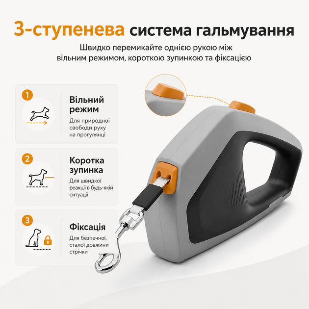 Поводок-рулетка для собак KimPets 5м, с рефлекторной лентой, с эргономичной ручкой, до 50кг, Серый (284-GREY) - изображение 4