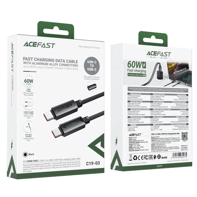 Кабель зарядки ACEFAST C19-03 Type-C 60W Алюминиевый сплав + Нейлон 1.2 м Черный - изображение 2