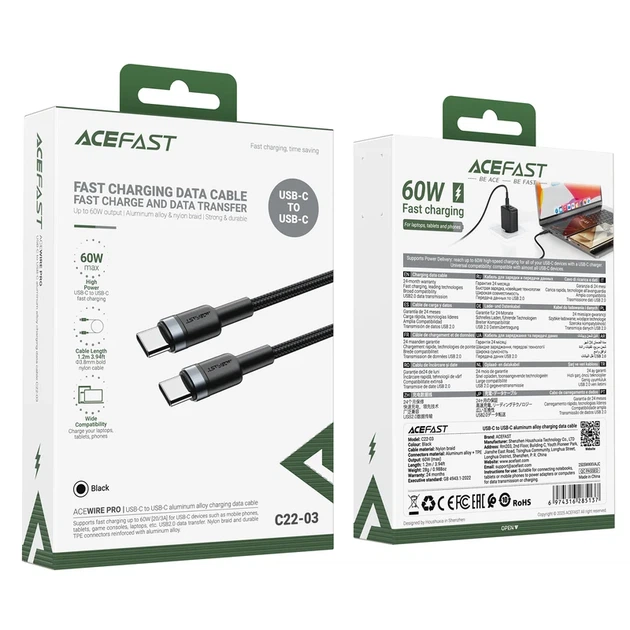 Кабель зарядки Type-C ACEFAST C22-03 60W TPE + алюминий 1.2 м черный - Фото 2 Кабель зарядки Type-C ACEFAST C22-03 60W TPE + алюминий 1.2 м черный - изображение 2