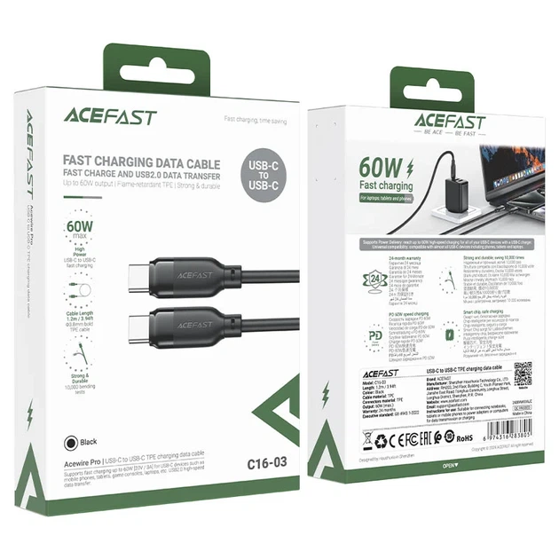 Кабель зарядки ACEFAST C16-03 Type-C 60W TPE 1.2 м черный - Фото 1 Кабель зарядки ACEFAST C16-03 Type-C 60W TPE 1.2 м черный - изображение 1