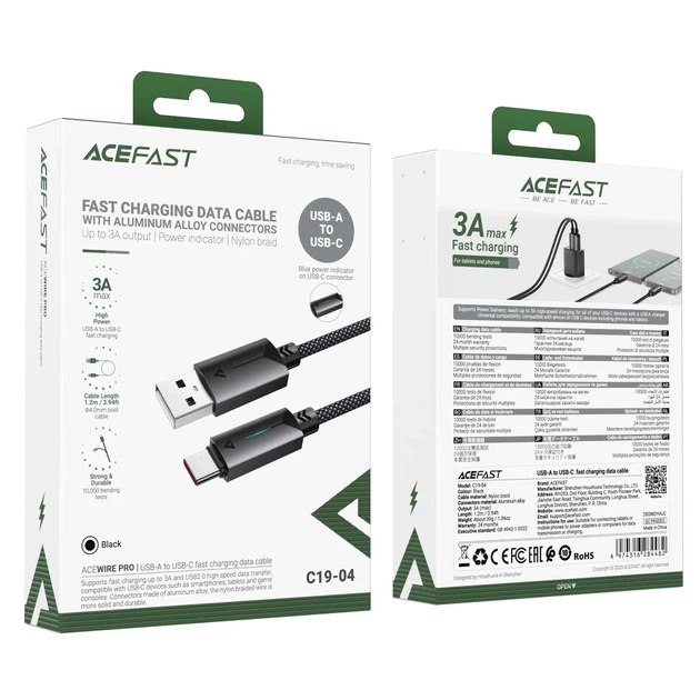 Кабель зарядки ACEFAST C19-04 USB-A to USB-C 3 A нейлон 1.2 м чорний - Фото 2 Кабель зарядки ACEFAST C19-04 USB-A to USB-C 3 A нейлон 1.2 м чорний - зображення 2