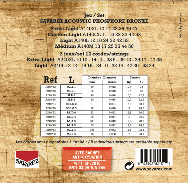 Струны для акустической гитары Savarez Acoustic Phosphor Bronze A-240L .012-.053, 10-53 - изображение 2