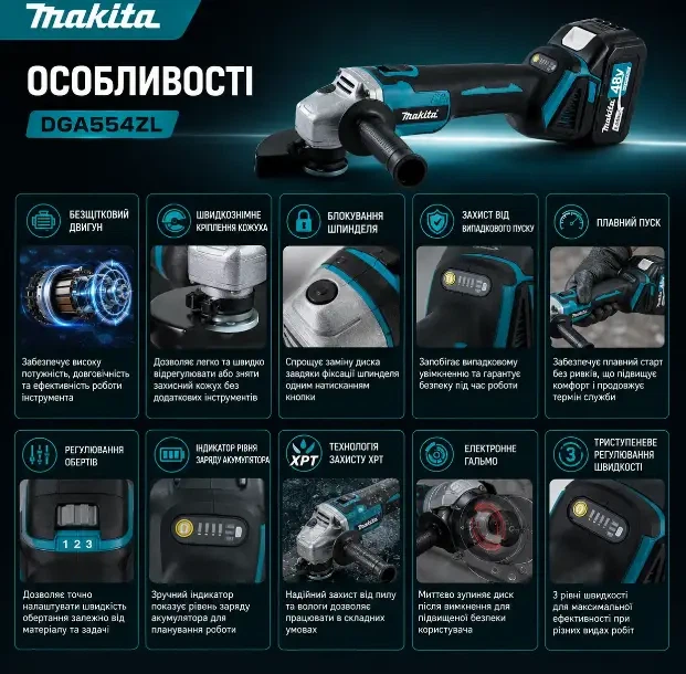 Аккумуляторная угловая шлифмашина Makita DGA554ZL - изображение 5