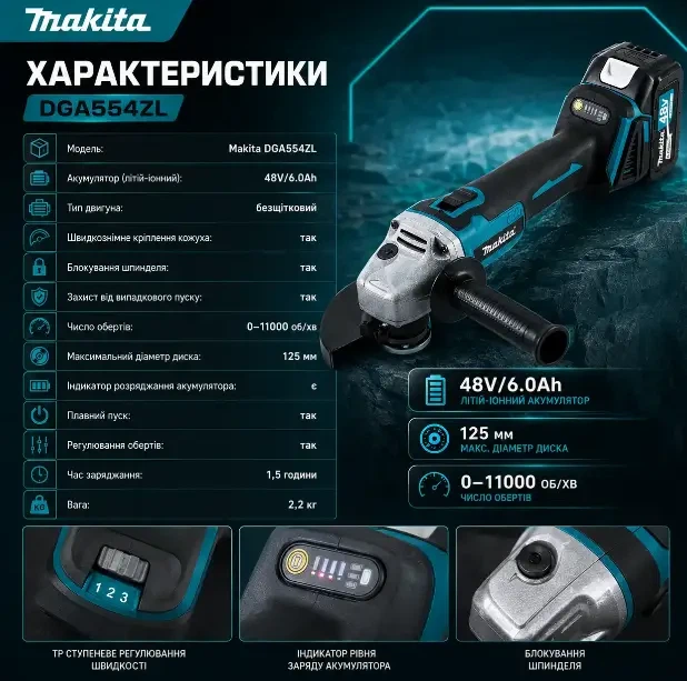Аккумуляторная угловая шлифмашина Makita DGA554ZL - изображение 7