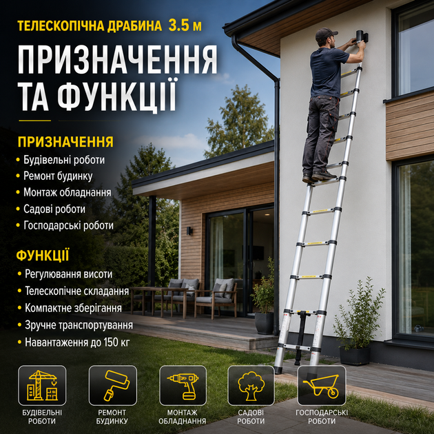 Телескопическая лестница 3.5 м алюминиевая складная до 150 кг для ремонта дома монтажных садовых и хозяйственных работ - Фото 2 Телескопическая лестница 3.5 м алюминиевая складная до 150 кг для ремонта дома монтажных садовых и хозяйственных работ - изображение 2