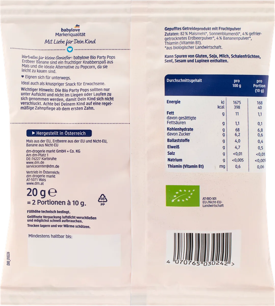 Органічні кукурудзяні снеки Babylove Party Pops зі смаком полуниці та банана, 20 г - Фото 2 Органічні кукурудзяні снеки Babylove Party Pops зі смаком полуниці та банана, 20 г - изображение 2