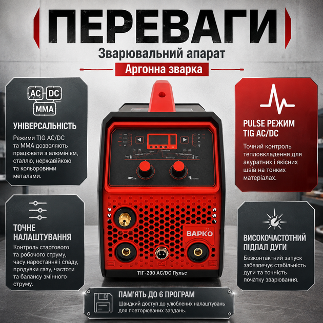 Аргонная сварка ВАРКО ТИГ-200 AC/DC, инверторный сварочный аппарат 200 А с режимами TIG AC/DC Pulse и MMA, высокочастотным бесконтактным поджигом и памятью на 6 программ - изображение 2