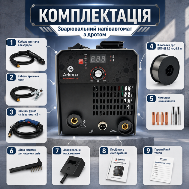 Сварочный полуавтомат Arkona MIG MMA TIG-275 275А инвертор с режимами MIG/MAG/MMA/TIG-Lift для сварки проволокой 0.6-1 мм без газа и работой от сети 180-250 В - изображение 4