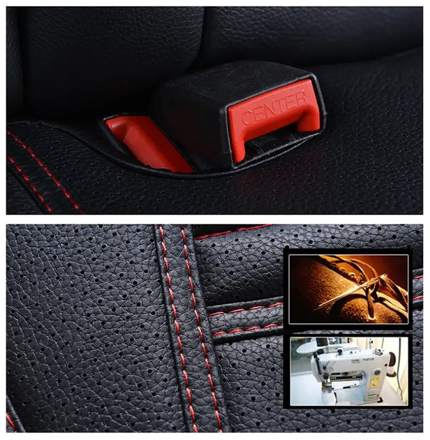 Комплект чехлов накладок всесезонных из PU-кожи с перфорацией красной строчкой на передние задние сиденья 3 штуки (484292-Prob) Черные - Фото 3 Комплект чехлов накладок всесезонных из PU-кожи с перфорацией красной строчкой на передние задние сиденья 3 штуки (484292-Prob) Черные - изображение 3