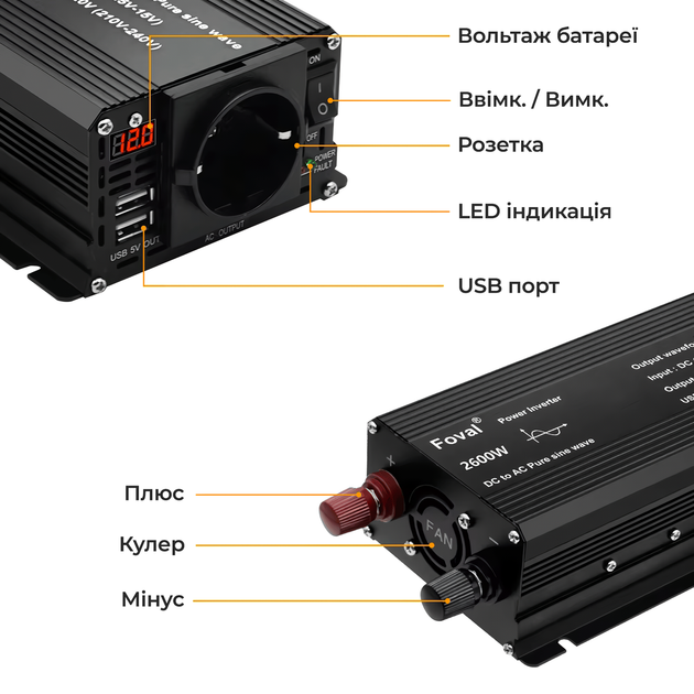 Инвертор Foval 1300w/2600w 12-220v pure sine чистый синус, преобразователь напряжения 12в 220в - изображение 6