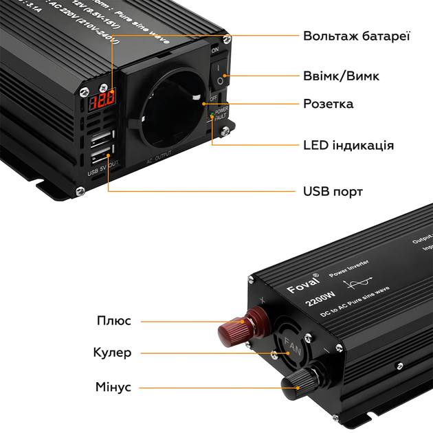Инвертор Foval 1100w/2200w 12-220v pure sine чистый синус, преобразователь напряжения 12в 220в - изображение 4