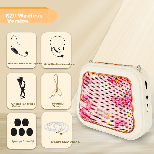 Портативная колонка AISOMEX K20 с беспроводным микрофоном 10W Pink - Фото 3 Портативная колонка AISOMEX K20 с беспроводным микрофоном 10W Pink - изображение 3