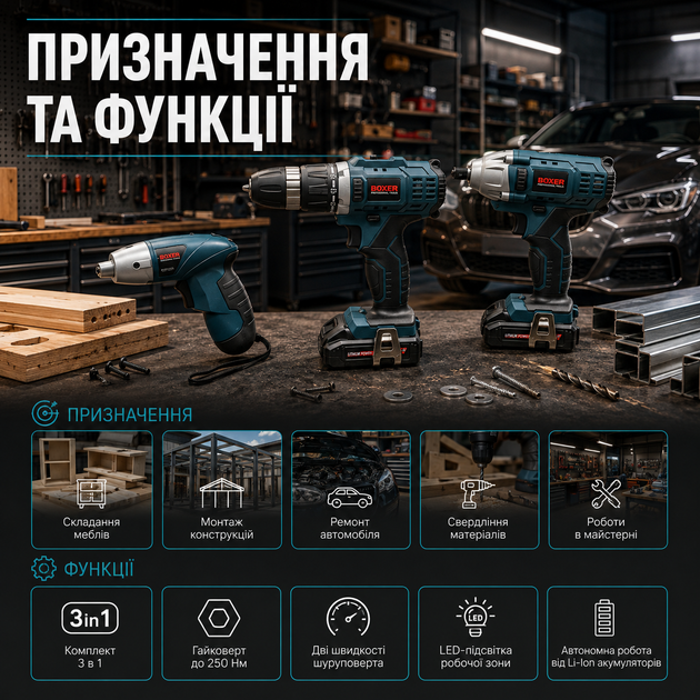 Набор аккумуляторных инструментов Boxer SR 033 3 в 1 24 В 3 Ah с двумя аккумуляторами дрелью шуруповертом ударным гайковертом 250 Нм аккумуляторной отверткой и кейсом - изображение 2