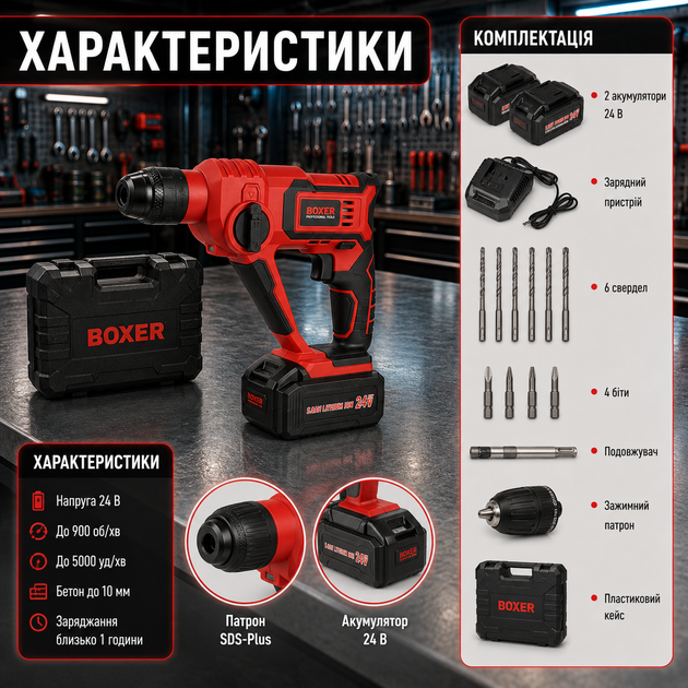 Аккумуляторный перфоратор Boxer SR 147 24 В 3 Ah SDS Plus с двумя аккумуляторами бесщеточным двигателем 5000 уд мин для сверления бетона металла и дерева - Фото 3 Аккумуляторный перфоратор Boxer SR 147 24 В 3 Ah SDS Plus с двумя аккумуляторами бесщеточным двигателем 5000 уд мин для сверления бетона металла и дерева - изображение 3