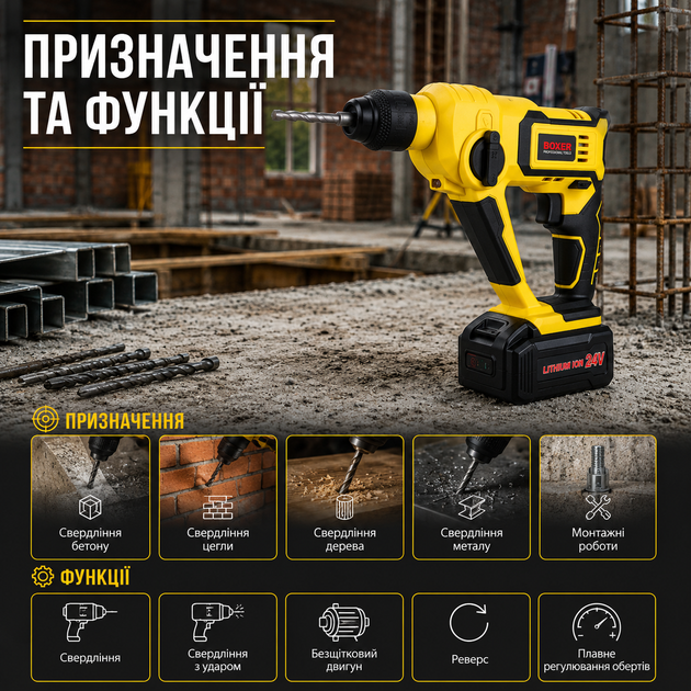 Аккумуляторный перфоратор Boxer SR 148 24 В 3 Ah SDS Plus бесщеточный с двумя аккумуляторами 5000 уд мин для сверления бетона металла дерева и монтажных работ - изображение 2
