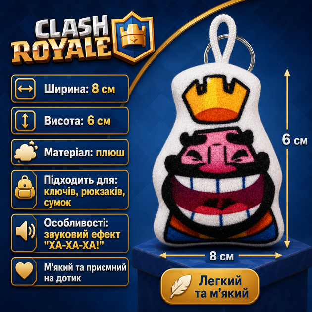Брелок Clash Royale Смеющийся король 8х6 см, брелок со звуком Клеш Рояль - Фото 2 Брелок Clash Royale Смеющийся король 8х6 см, брелок со звуком Клеш Рояль - изображение 2