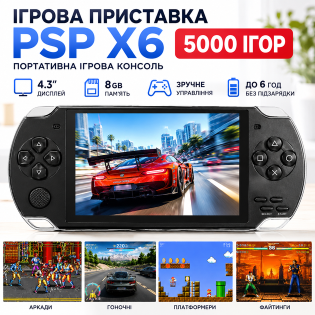Портативная игровая приставка 4.3 дюйма 8 GB с 5000 встроенными играми MP5 поддержкой GBA NES SMD BIN SMC SD карт мультимедиа MP3 MP4 фото электронных книг USB jack 3.5 мм PSP X6 для детей и взрослых - Фото 1 Портативная игровая приставка 4.3 дюйма 8 GB с 5000 встроенными играми MP5 поддержкой GBA NES SMD BIN SMC SD карт мультимедиа MP3 MP4 фото электронных книг USB jack 3.5 мм PSP X6 для детей и взрослых - изображение 1