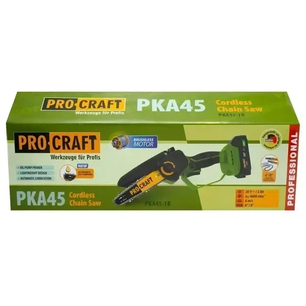 Аккумуляторная цепная пила Procraft PKA45 20V 2Ah с бесщеточным двигателем аккумулятором зарядным устройством шинами 6 и 8 дюймов и бесключевой натяжкой цепи - изображение 13