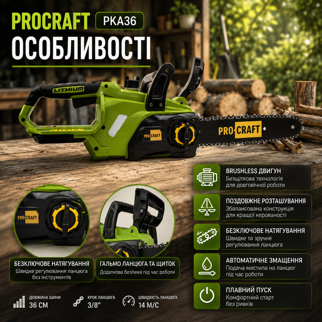 Аккумуляторная цепная пила Procraft PKA36 20V с бесщеточным двигателем шиной 250 мм шагом цепи 3/8 автоматической смазкой и бесключевой натяжкой - изображение 5