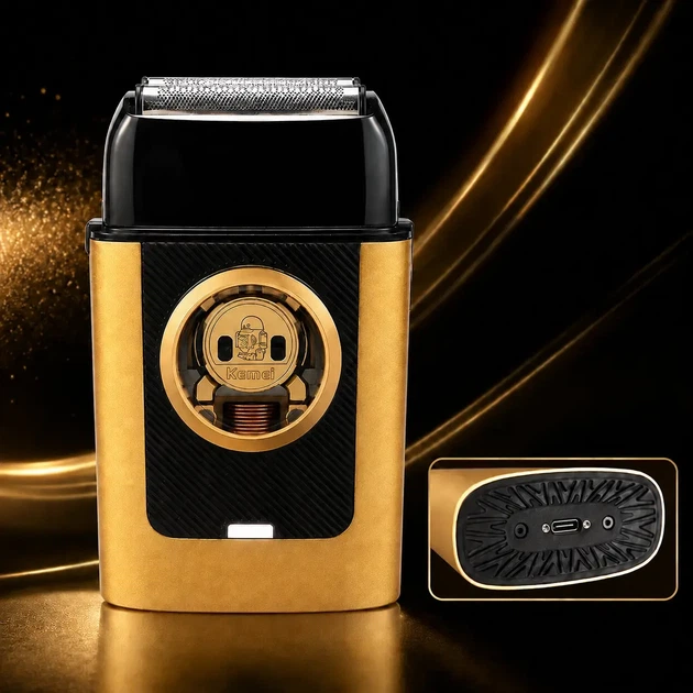 Электробритва Kemei KM-T409 аккумуляторная сеточная 3 лезвия 8000 об/мин USB-C бесщеточный двигатель золотисто-черная для сухого бритья мужская - изображение 5