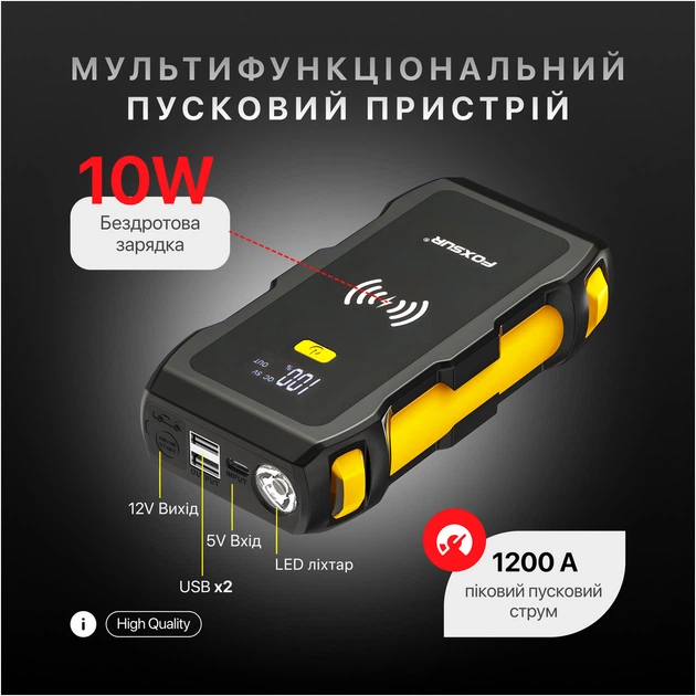 Пусковое устройство бустер Foxsur FJS-800 1200A 12V с беспроводной зарядкой 10W для авто - изображение 3