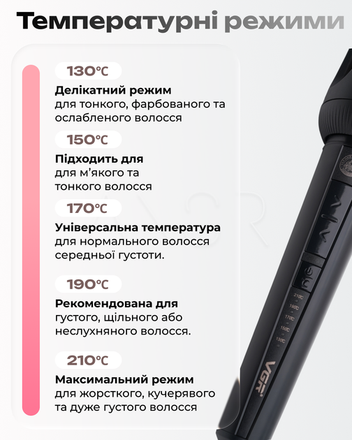Автоматична плойка для завивки локонів VGR, 5 режимів, температура 130–210°C, керамічне покриття, LED-дисплей - зображення 5