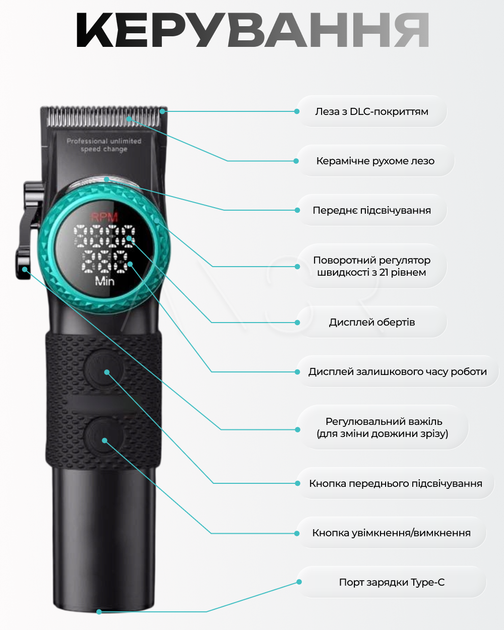 Професійна машинка для стрижки волосся VGR V-001 Black (9000 об/хв) з потужною батареєю 4600 mAh та 10 насадками - Фото 7 Професійна машинка для стрижки волосся VGR V-001 Black (9000 об/хв) з потужною батареєю 4600 mAh та 10 насадками - зображення 7