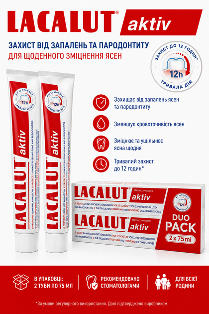 Зубна паста LACALUT aktiv DUO PACK(подвійне пакування) 2 шт. × 75 мл - Фото 1 Зубна паста LACALUT aktiv DUO PACK(подвійне пакування) 2 шт. × 75 мл - зображення 1