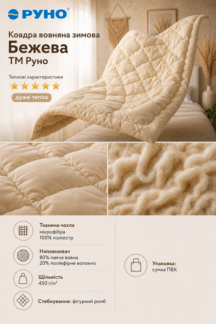 Ковдра Руно зимова євро 200х220 вовняна бежева (322.52ШУ_Бежевий) - зображення 2